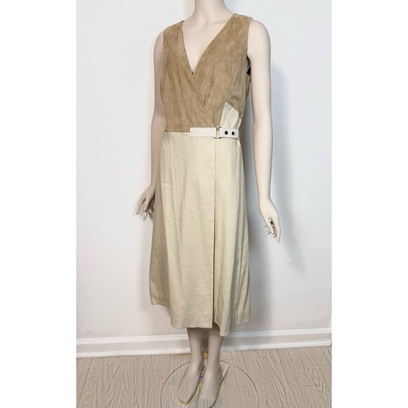 Lafayette 148 Leather Combo Wrap Dress A-Line w Buckle Beige Linen-Blend size 10 - Picture 4 of 16